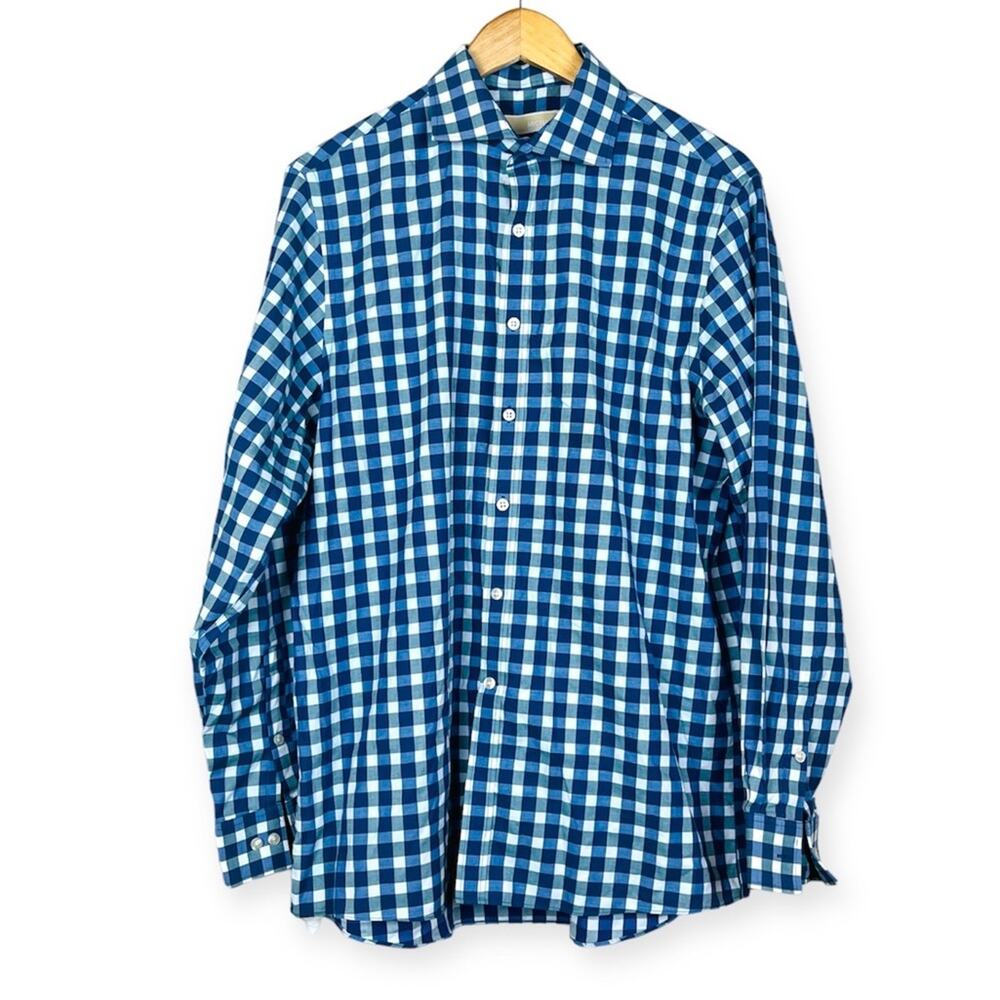 MICHAEL Michael Kors Mens Blue Gingham Button Front Shirt LARGE 16 34/35 M/L